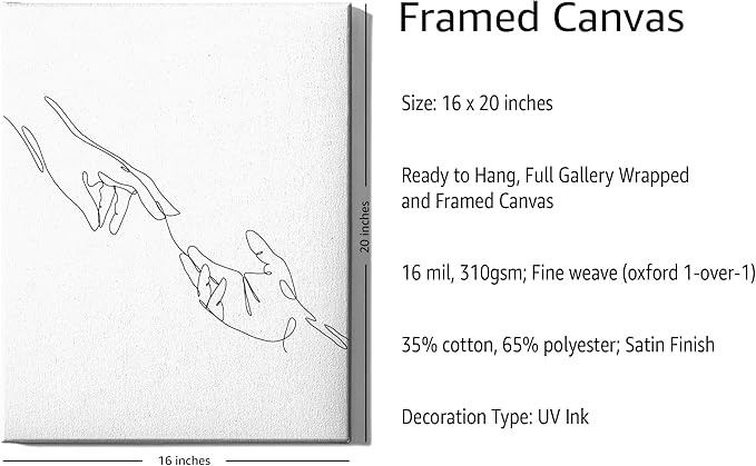 Minimalist Reaching Hands Wrapped Canvas Wall Art Continuous Line Drawing Connection 16x20 Inch Gallery Stretched Modern Aesthetic Home Art Decor