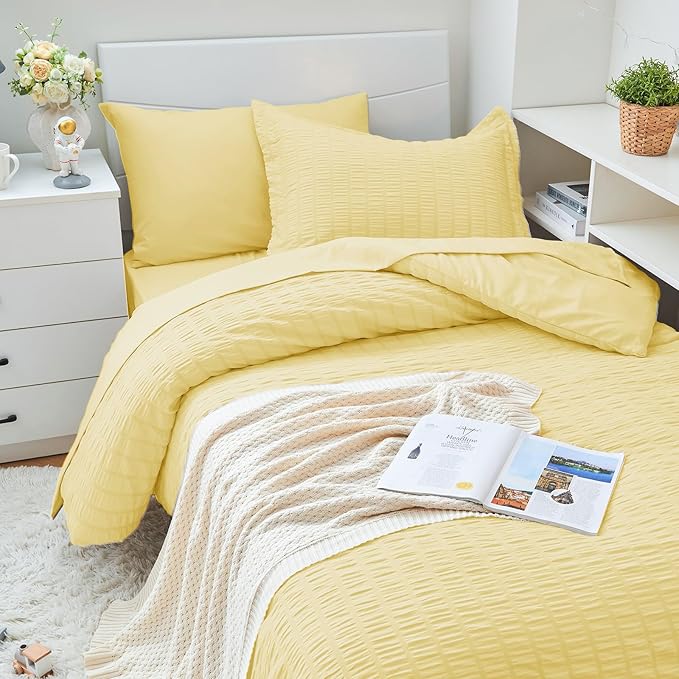 HYMOKEGE Yellow Twin XL Comforter Set Seersucker 5 Pieces, All Season Luxury Bed in a Bag for Bedroom, Bedding Set with Comforter, Sheets, Pillowcase & Sham