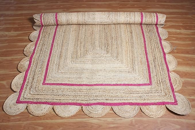 Scalloped Jute Rug, Hand Woven Runner Area Rug, 4x20 Ft Beige & Pink Braided Natural Sisal Kilim Rugs for Living Room, Kitchen, Entryway, Farmhouse