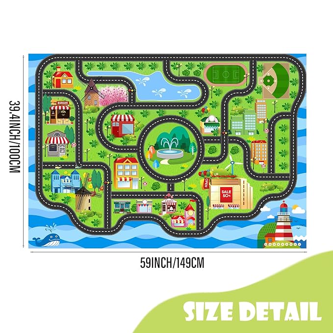Car Rug,Kids Play Rug with Roads,Playroom Non Slip Car Track City Map for Bedroom Classroom - (59X39.4 Inches)