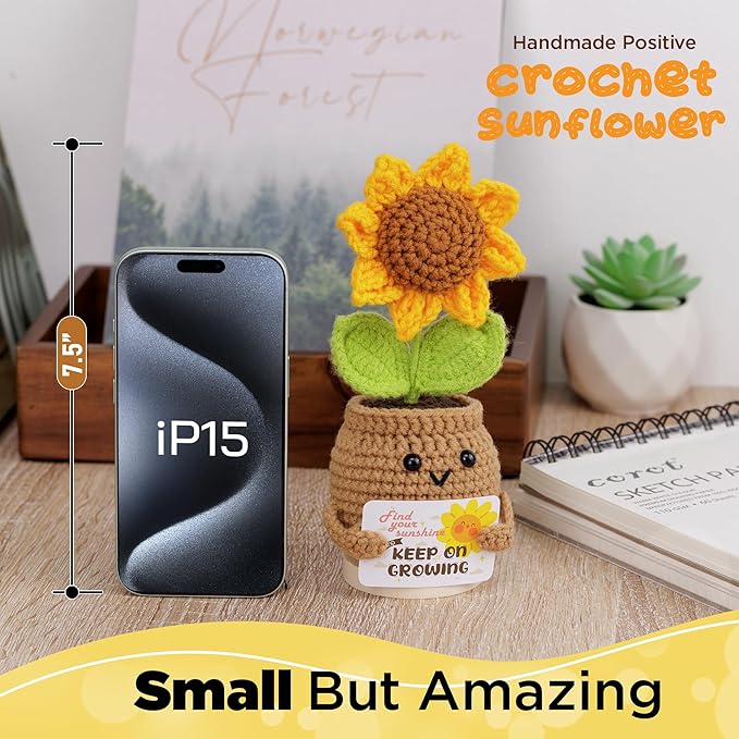 DUGATO Handmade Crochet Positive Sunflower with Magnetic Hands & 10 Customizable Cards - Uplifting Gift for Women, Friends, Coworkers - Cute Desk Decor for Office & Home