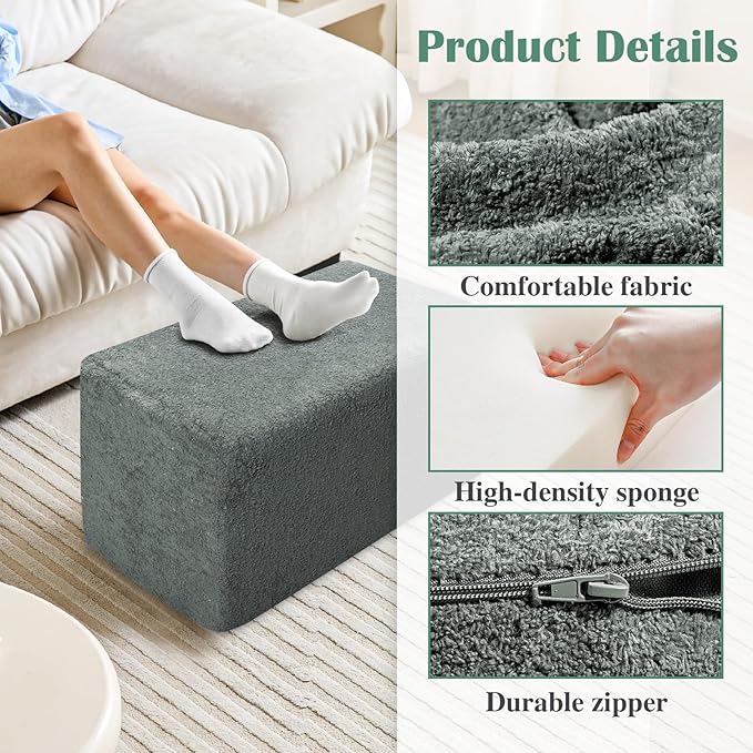 Rectangular Stuffed Pouf Ottoman with Foam Chunk Filling, Furry Fabric Design, Multi-Functional Floor Pouf for Living Room, Dark Grey