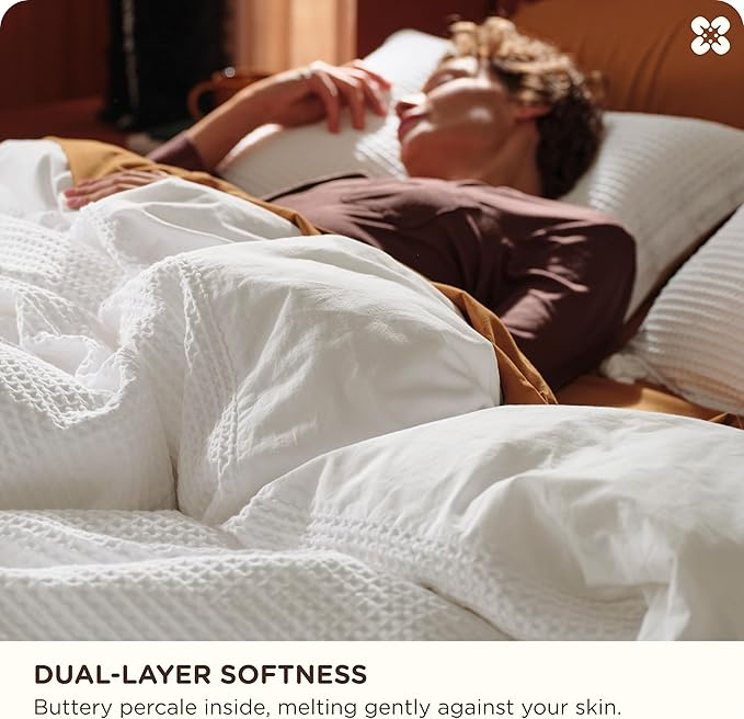 Bedsure Cotton Duvet Cover Set - 100% Cotton Waffle Weave Coconut White Duvet Cover Oversized Queen Size, GentleSoft™ and Breathable Bedding Set for All Season, 3 Pieces, 98"x98"