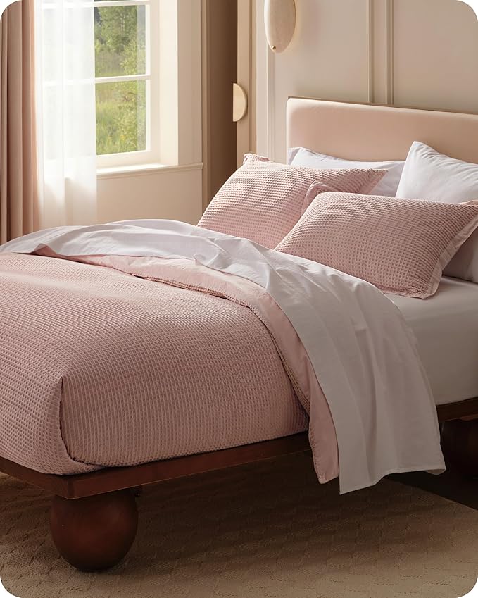 Bedsure Cotton Duvet Cover King - 100% Cotton Waffle Weave Pink Duvet Cover King Size, GentleSoft™ and Breathable Bedding Set for All Season, 3 Pieces, 104"x90"