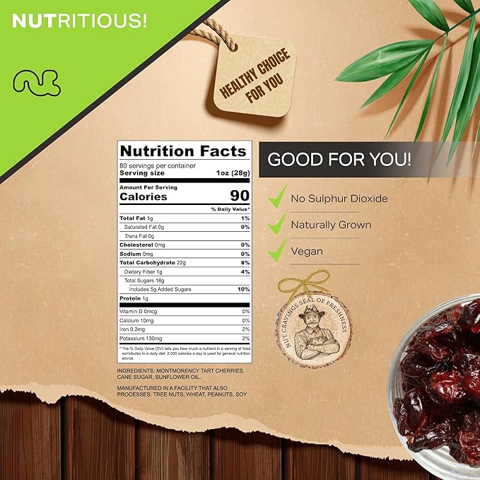 NUT CRAVINGS - Dried Sour Tart Cherries, Lightly Sweetened, Unsulphured (80oz, 5 LB) Tu Bishvat Favorite - Sweet Healthy Snack, Vegan, Kosher, Resealable Bag