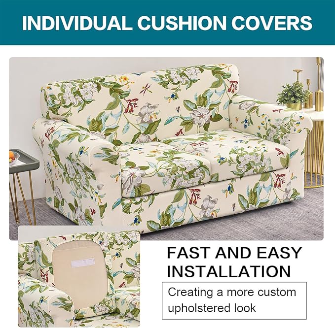 KRFOONN 3 Piece Stretch Sofa Couch Covers for 2 Cushion Couches Printed Sofa Loveseat Slipcover with 2 Separate Seat Cushion Covers Washable Sofa Slip Covers Furniture Protector (Loveseat, 28), Medium