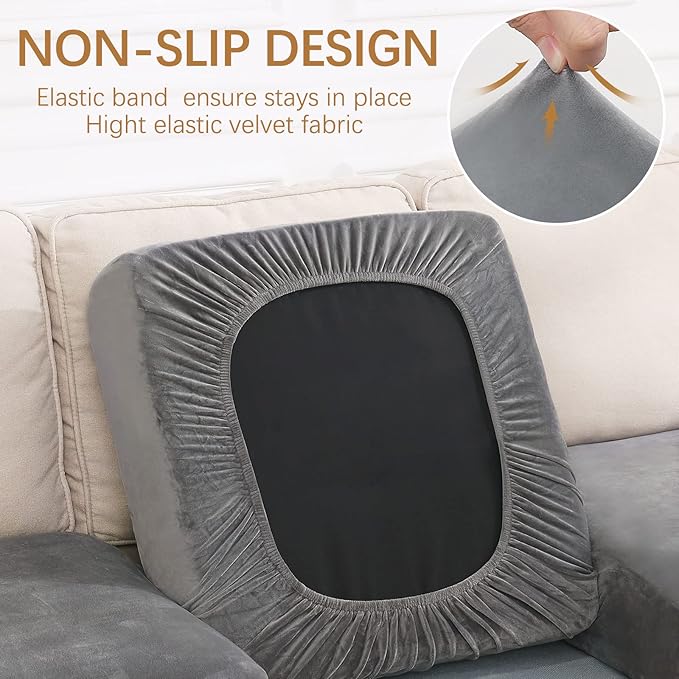 hyha Velvet Couch Cushion Covers, Soft Sofa Seat Covers for sectional 3 Cushion Couch Washable, Magic Sofa Slipcover with Elastic Bottom, Non-Slip Furniture Protector for Pets, Kid(3PC, Grey)