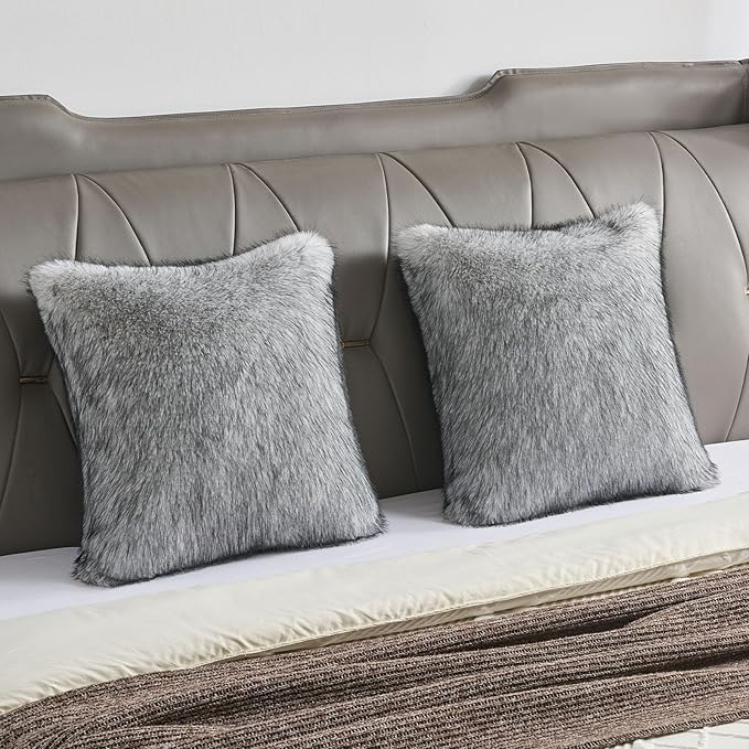 FUTEI Black White Decorative Throw Pillow Covers 18x18 Inch Set of 2,Soft Faux Raccoon Fur Textured Cushion Case,Modern Home Luxurious Decor for Couch Bed Living Room