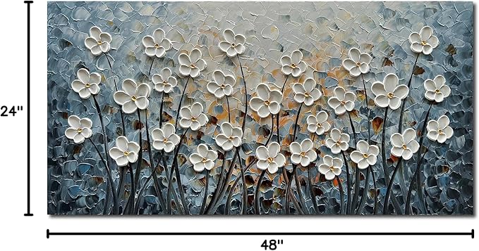 White Flower Canvas Wall Art Painting Hand-Painted Contemporary Art Works Living Room, Bedroom, Dining Room Wall Decoration 24x48 Inch