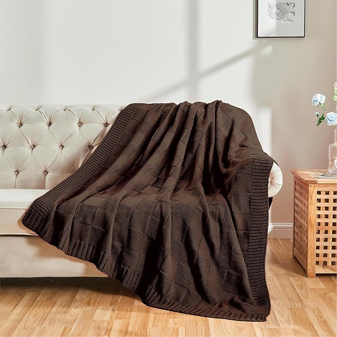 CozeCube Check Knit Throw Blanket, Dark Brown Checkered Throw for Couch, Decorative Christmas Soft Cozy Warm Knitted Blanket for Bed Sofa Living Room, 50"X60"