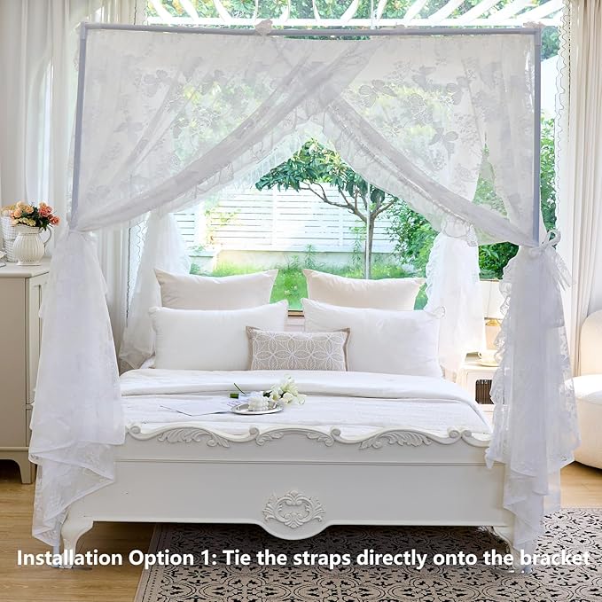 AIKASY Elegant Lace Princess 4-Poster Bed Canopy Mosquito Net - Romantic Wedding Bridal Bedroom Decor, Kids Room Bed Curtain for Women Adults - (White-4,Full)
