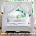 AIKASY Elegant Lace Princess 4-Poster Bed Canopy Mosquito Net - Romantic Wedding Bridal Bedroom Decor, Kids Room Bed Curtain for Women Adults - (White-4,Queen)