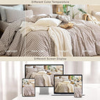 MooMee Gingham Duvet Cover Set 100% Washed Cotton Linen Like Textured Breathable Durable Soft Comfy Modern Checkered Design (Brown Gingham, Oversized Queen 98"x98")