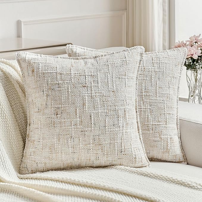 FUTEI Cream Decorative Throw Pillow Covers 26x26 Inch Set of 2,Soft Chenille Tweed Textured Euro Pillow Shams,Modern Home Decor for Couch Bed Living Room