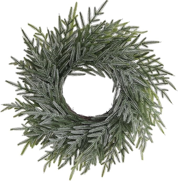 20 Inch Norfolk Pine Winter Wreath (Green & White) - Artificial Pine Greenery Christmas Winter Wreaths for Front Door Porch Wall Window Porch Fireplace Indoor Outdoor Decor Decorations