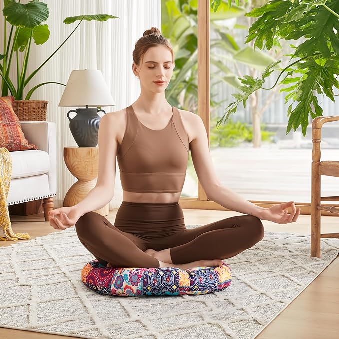 Codi Meditation Floor Pillow, Boho Pillows Seating for Adults and Kids, Large Round Cushion for Yoga Living Room Tatami Sitting, Memory Foam Added, 22x22 Inch, Multi Patchwork