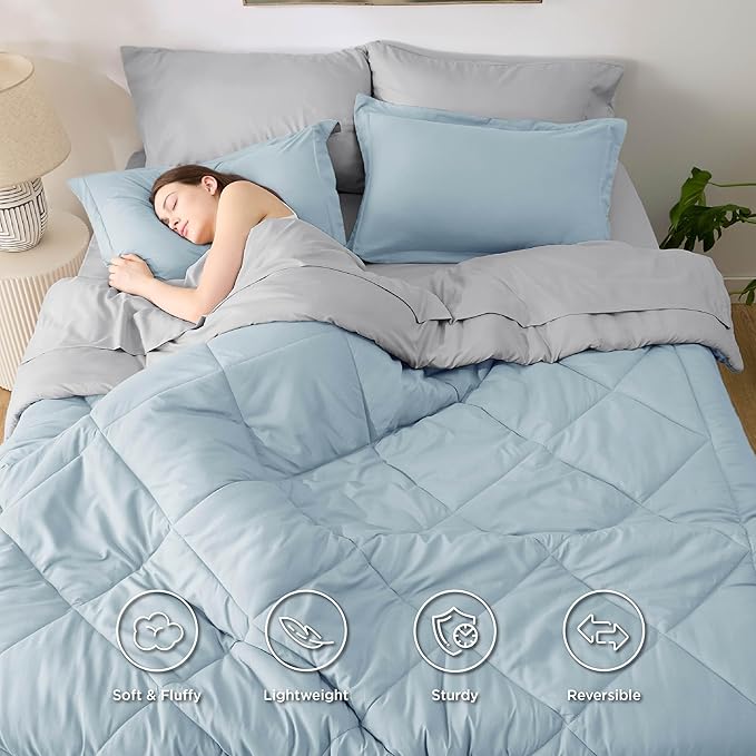 Bedsure Twin Comforter Set - 5 Pieces Reversible Sky Blue Bedding, Twin Size Bed Set for All Seasons, Bed in a Bag with Down Alternative Comforter, Sheets, Pillowcase & Sham
