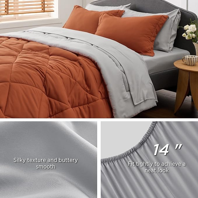 Bedsure Twin XL Comforter Set - 5 Pieces Reversible Burnt Orange Bedding, Twin XL Size Bed Set for All Seasons, Bed in a Bag with Down Alternative Comforter, Sheets, Pillowcase & Sham