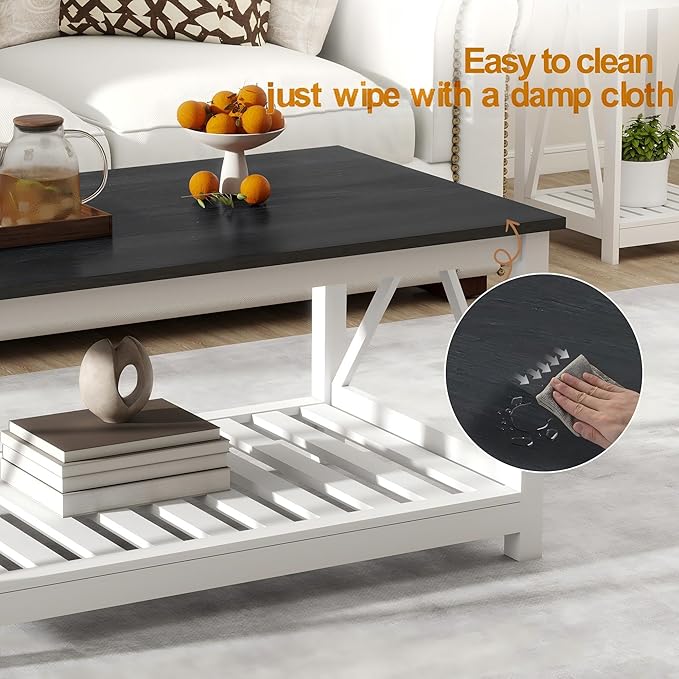 Farmhouse Coffee Table, Black and White Coffee Table for Living Room, 2-Tier Rectangular Wooden Centre Cocktail Table with Slats Shelf Storage and V-Shaped Frame Modern Coffee Tables Oak Black