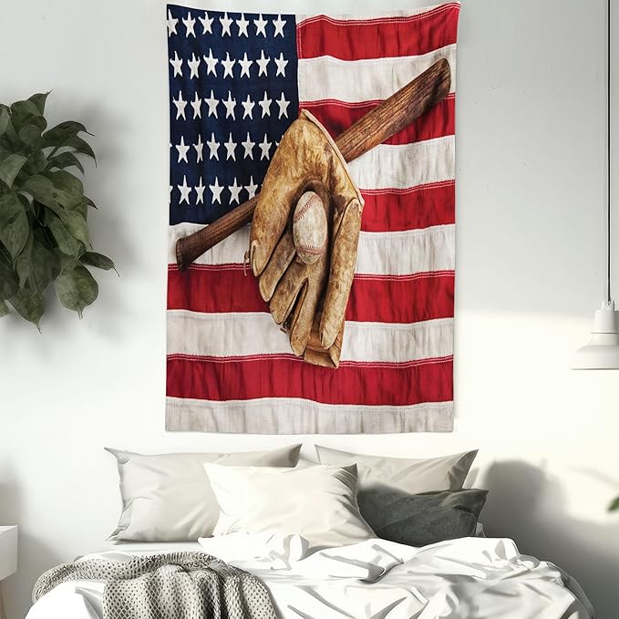 Ambesonne Baseball Tapestry, Vintage Baseball League Equipment Usa Grunge Glove Bat Fielding Sports Theme, Fabric Wall Hanging Decor for Bedroom Living Room Dorm, 23" X 28", Red Brown