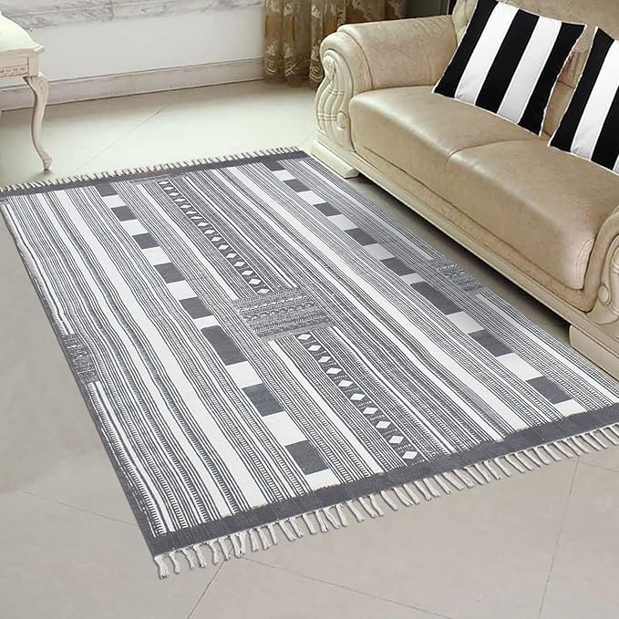 Area Rug 4' Square Rug Gray & Beige Cotton Dhurrie Striped Thick 0.19 inches Stone Easy Washable Rug Hand Wash Cotton Carpet Flatweave Rug Indoor Outdoor Rugs for Kitchen, Bedside, Enterway
