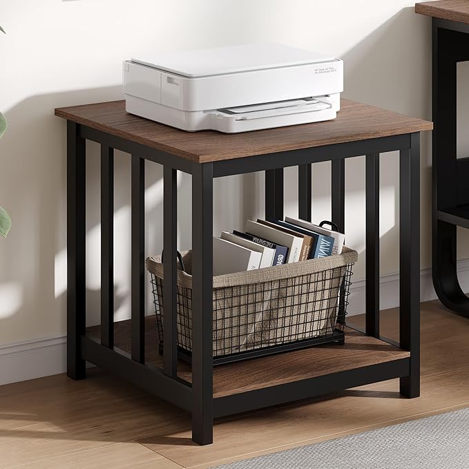 Treocho End Tables Living Room Set of 2, 24 Inch Square Side Table with 2-Tier Storage Shelf, Modern Nightstand for Living Room, Bedroom, Office, Walnut