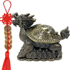 Feng Shui Dragon Turtle Multi Functional Metal Statue Wealth Prosperity Sculpture with Set of 5 Lucky Charm Ancient Coins on Red String Best Housewarming Congratulatory Gift Home Decor (D2 Brass)