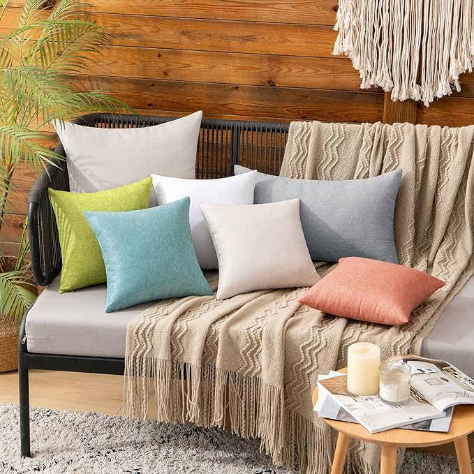 MIULEE Pack of 2 Decorative Outdoor Solid Waterproof Throw Pillow Covers Faux Linen Garden Farmhouse Coastal Cushion Cases for Summer Patio Tent Balcony Couch Sofa 12x12 Inch Turquoise