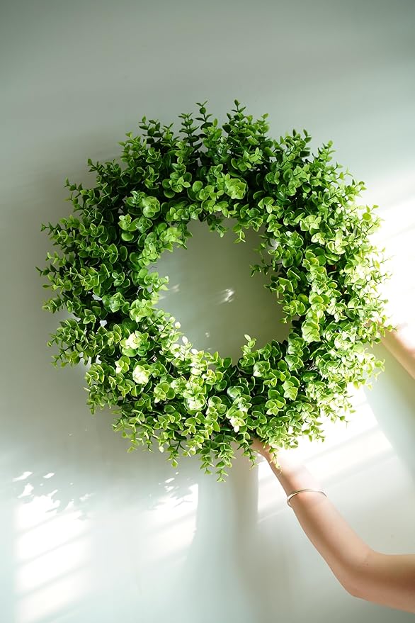 Vlorart 22 Inch Boxwood Wreaths for Front Door, Artificial Spring Wreath with Sash for Porch Window Wall Farmhouse Wedding Home Decorations, Summer Green Wreath for Year Round Indoor & Outdoor