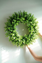 Vlorart 22 Inch Boxwood Wreaths for Front Door, Artificial Spring Wreath with Sash for Porch Window Wall Farmhouse Wedding Home Decorations, Summer Green Wreath for Year Round Indoor & Outdoor