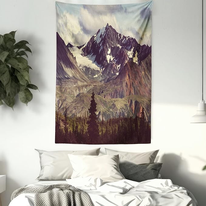 Ambesonne Alaska Mountains Tapestry, Arctic Landscape Hiking Alaska Mountains Scenery in Usa Wilderness, Fabric Wall Hanging Decor for Bedroom Living Room Dorm, 23" X 28", Green Black White