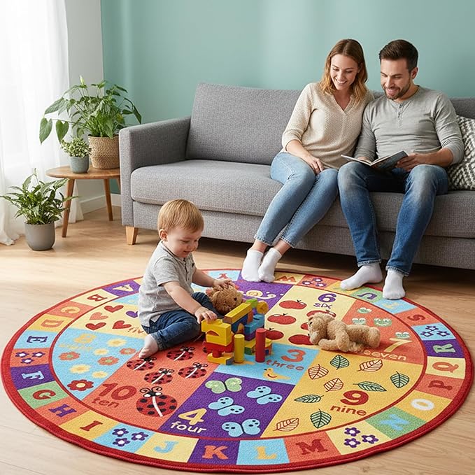 Furnish my Place 740 ABC with Numbers ABC Area Rug for Kids | Educational Alphabet Letter & Numbers | Nurseries Kindergarten | Play Area | Multicolor (6'6" Round)