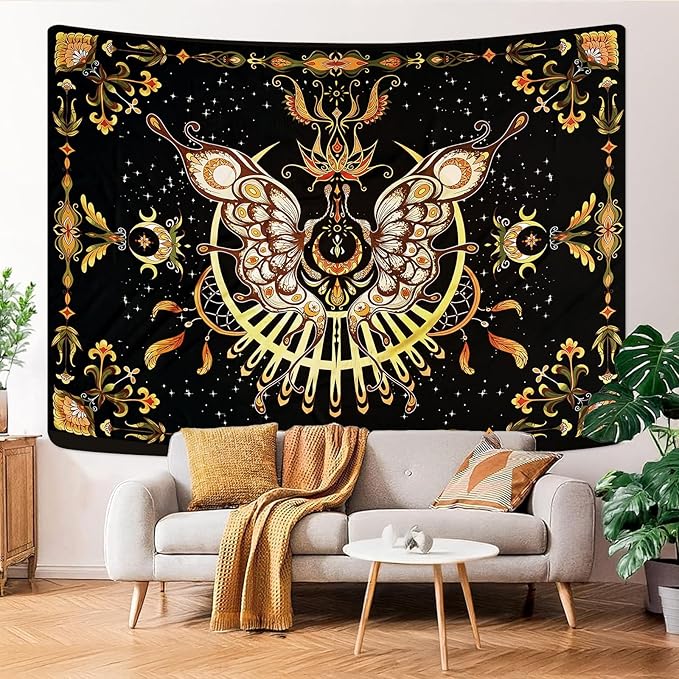 CHDGDHC Butterfly Moth Tapestry,Hippie Floral Aesthetic Wall Tapestries, Psychedelic Aesthetic Decor, Large Tapestry for Bedrooms, Living Rooms, and Dorms-47.64x35.43 Inch