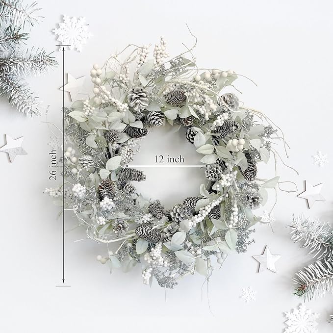 Birch Wreath with White Berries, Iced Pine Cones, Holly Leaf, Branch - 26" Winter Christmas Wreath for Front Door or Indoor Wall Window Thanksgiving Decor