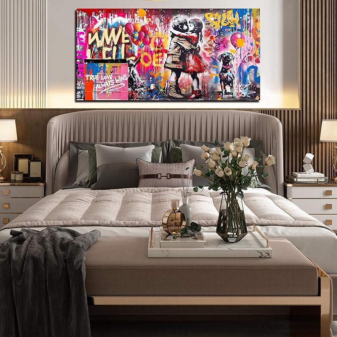 CIRABKY Graffiti Canvas Wall-Art for Dorm Room Girl - Colorful Wall Decor for Living Room - Boy Hugs Girl Print Large Painting Size 24" x 48"