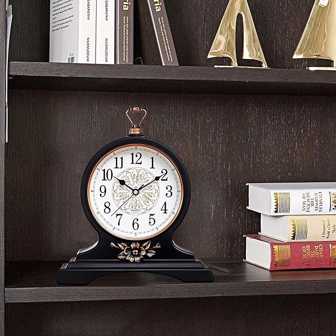 rnuie Desk Clock for Table Decor, Retro Mantel Clock Battery Operated for Fireplace Mantel, Living Room, Bedroom, Office, Desktop Decoration(Second Black)