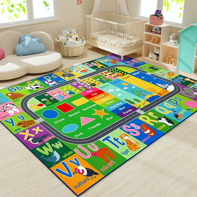 HOMORE Kids Rug, 7x10 ABC Rugs for Playroom Educational Rug for Childerns, Kids Area Rugs for Learning Alphabet, Numbers, Colors, Season and Animal Words, Large Carpet for School Classroom,Green
