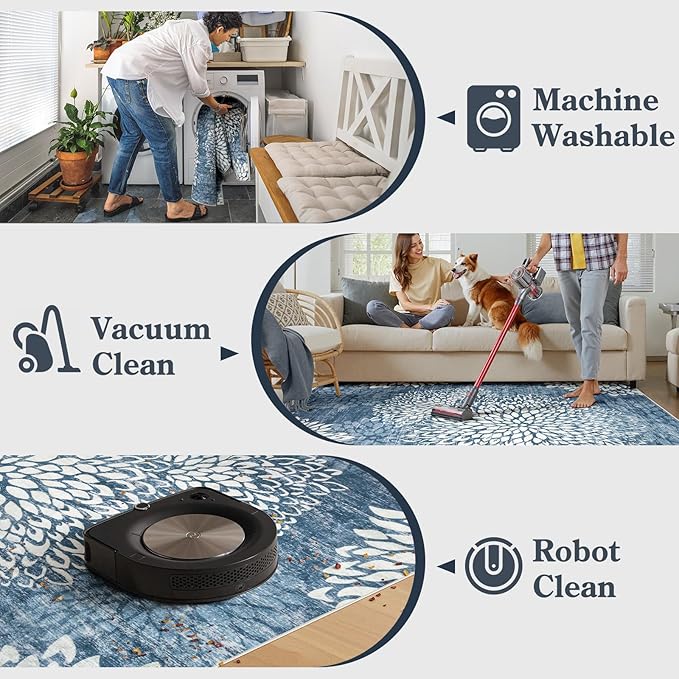 Dahlia 5x7 Blue Floral Rug for Bedroom, Low Pile Soft Washable Area Rugs for Living Room, Boho Non Slip Large Blue Carpet, Stain Resistant Throw Rug for Dining Room Home Office