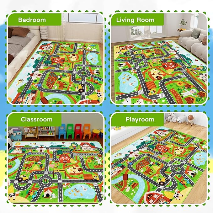 Kids Rug Play Mat for Toy Cars,110" × 78.7" Extra Large Farm Life Road Traffic for Playroom Kids Car Road Rug Village Map Play Mat Non-Slip Washable Carpet for Toddlers Boys Room Tummy Time Playtime