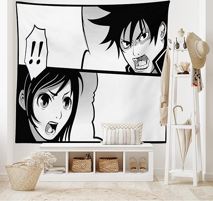 Ambesonne Anime Tapestry, Japanese Comics Strip Boy and Girl Fight Scene Manga Image Cartoon Print, Fabric Wall Hanging Decor for Bedroom Living Room Dorm, 45" X 30", Black White Grey