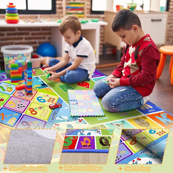 3x5 Small Kids Classroom & Playroom Rug - ABC Alphabet Educational Area Rug with Animals Numbers & Shapes - Washable Non-Slip Carpet Playmat for Nursery Preschool & Reading Area