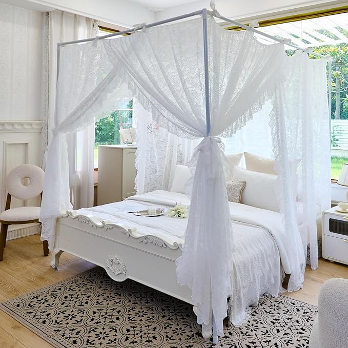 AIKASY Elegant Lace Princess 4-Poster Bed Canopy Mosquito Net - Romantic Wedding Bridal Bedroom Decor, Kids Room Bed Curtain for Women Adults - (White-3,Full)