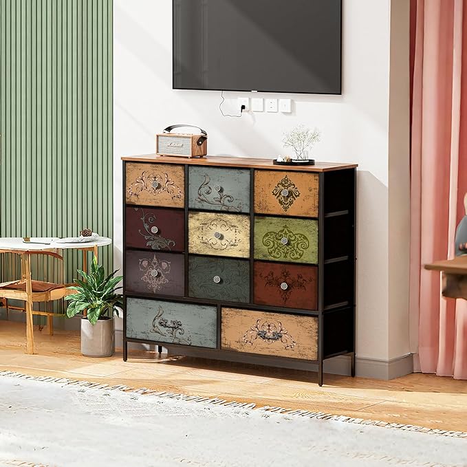 Chest of Drawers for Bedroom with 11 Deep Drawers, Tall Fabric Dresser, Wide TV Stand, Storage Organizer for Closet, Nursery, Kid's Bedroom