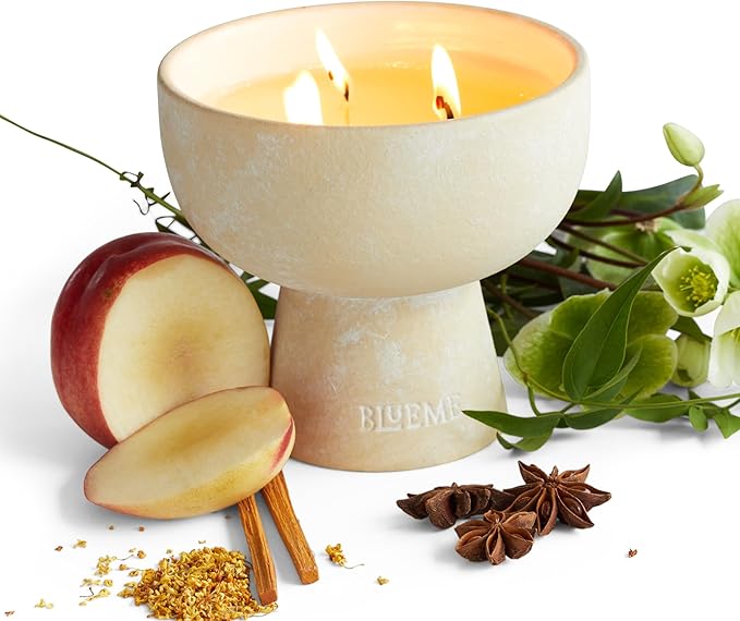 Blueme Calm Candle | Osmanthus & Sandalwood | 3 Wick - Refillable Wellness Candle with Essential Oils, Hand Finished & Poured Soy Wax Blend Ceramic Vessel, Natural Cotton Wicks | Medium 12 oz