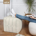 AELS Unstuffed Farmhouse Pouf Cover for Living Room, Boho Storage Bean Bag Cubes, Beige with Gray Stitch Yarn Dyed Stripe Square Ottoman Pouf Foot Rest Footstool, 18"x18"x18", Cover ONLY