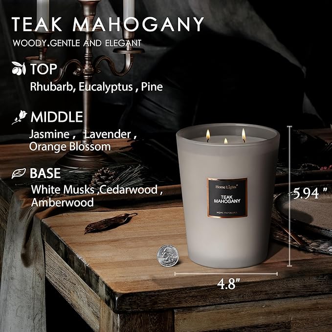 HomeLights Premium Scented Candles - 33.3 oz Natural Soy Wax, Aromatherapy for Home, Long Lasting Smokeless, 130 hrs Burn Time, 3 Cotton Wicks, Gifts for Women & Men - Teak Mahogany