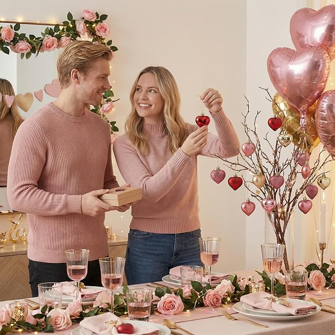 Valery Madelyn 25Pcs Valentine's Day Heart Shaped Ornaments Gift Pack, Christmas Craft Heart Decorations, Red Pink Gold Christmas Baubles Hanging Party Wedding Decor