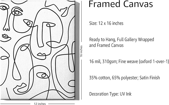 Abstract Face Pattern Wrapped Canvas Wall Art Collage of Modern Faces Continuous Line Drawing 12x16 Inch Gallery Stretched Modern Home Art Decor