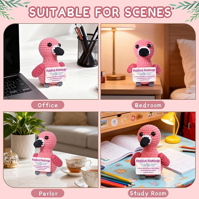 Mini Positive Flamingo Crochet Gifts, Birthday Gifts for Women Men Handmade Presents, Inspirational Small Animals Cute Flamingo, Emotional Cheer Up Funny Decor (Positive)