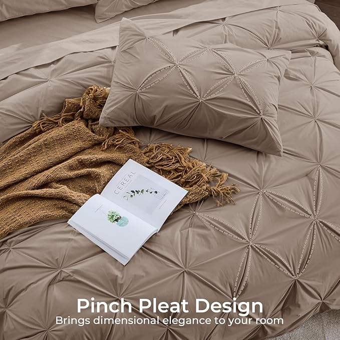 Sasttie Queen Comforter Set, 7-Piece Bed in a Bag, Pintuck Bedding Sets for All Season, Includes Comforter, Flat Sheet, Fitted Sheet, Pillowcases and Pillowshams, Dark Linen